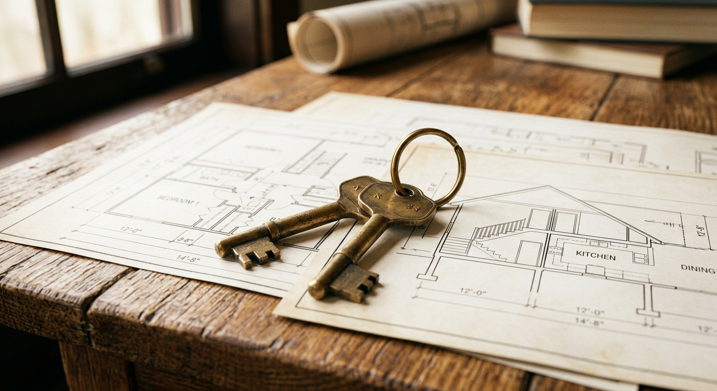 Brass house keys resting on architectural blueprints
