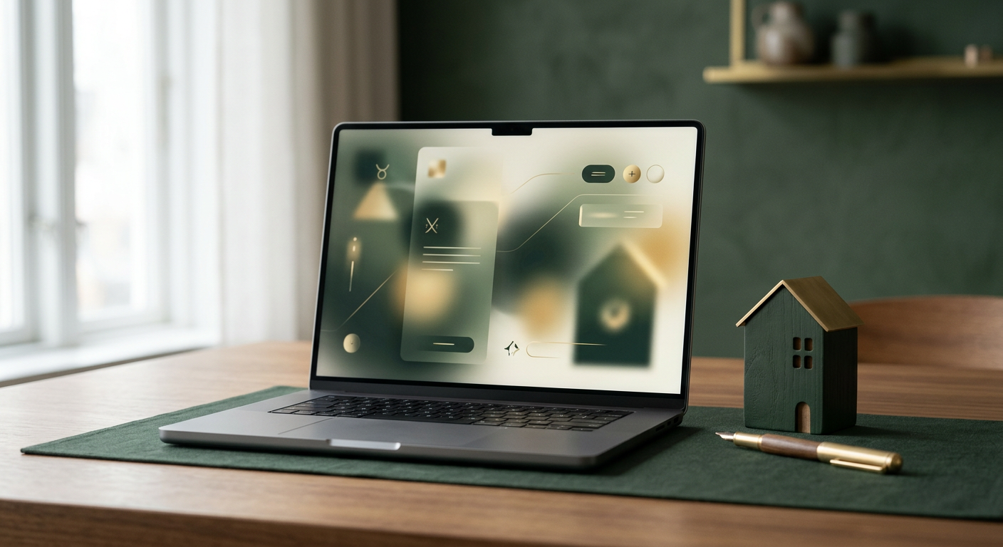 Laptop and house model representing a secure digital property settlement